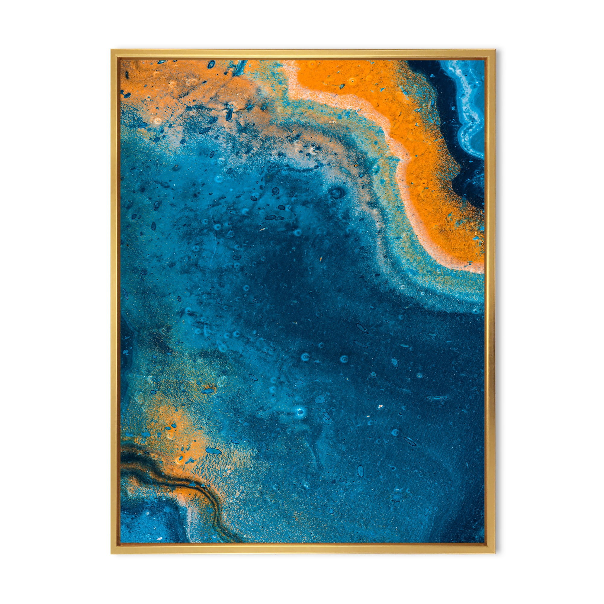 Designart 'Abstract Marble Composition In Orange and Blue V' Modern Framed Canvas Wall Art Print