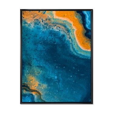Designart 'Abstract Marble Composition In Orange and Blue V' Modern Framed Canvas Wall Art Print