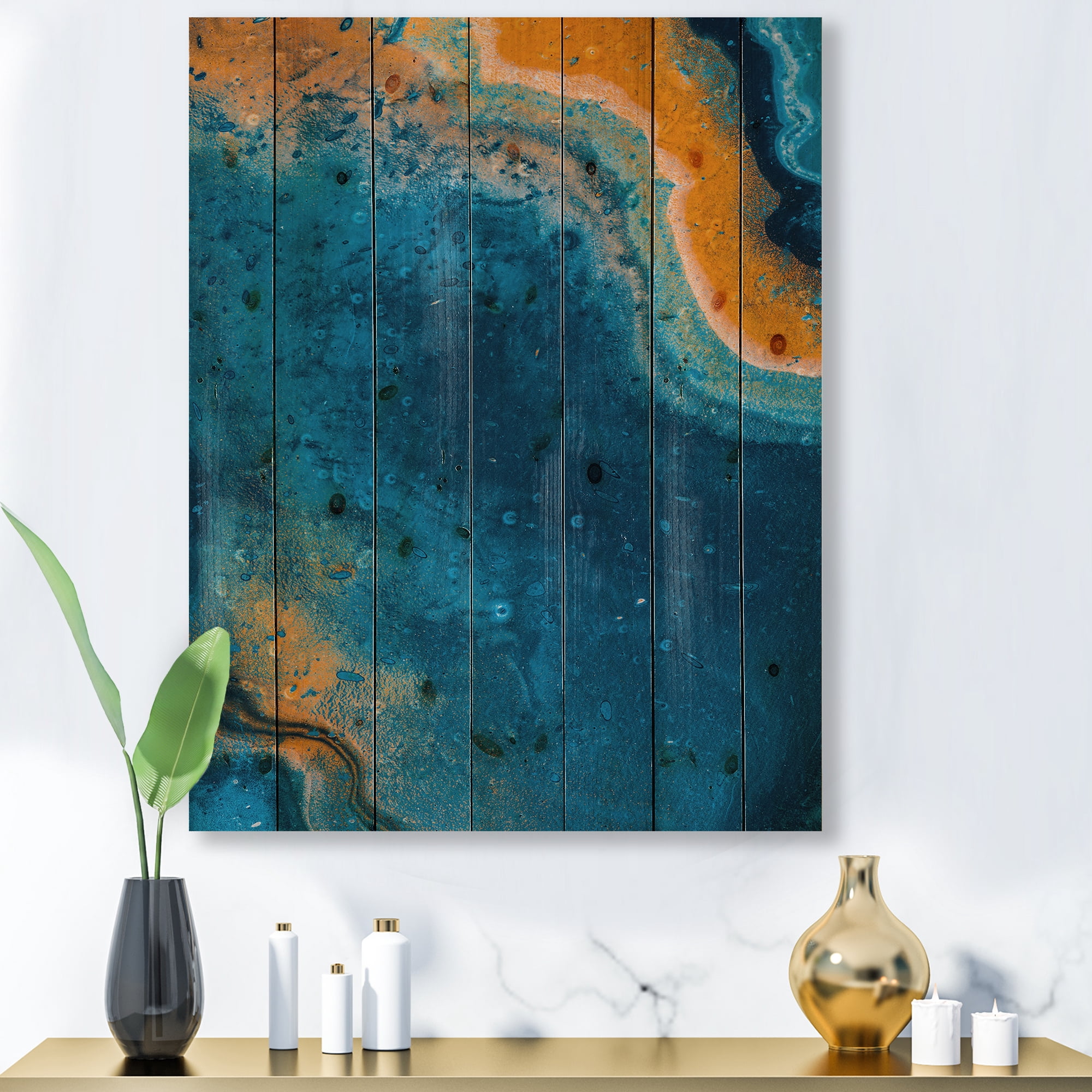 Designart 'Abstract Marble Composition In Orange and Blue V' Modern Print on Natural Pine Wood