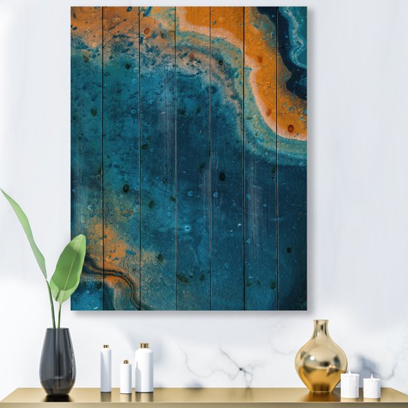 Designart 'Abstract Marble Composition In Orange and Blue V' Modern Print on Natural Pine Wood