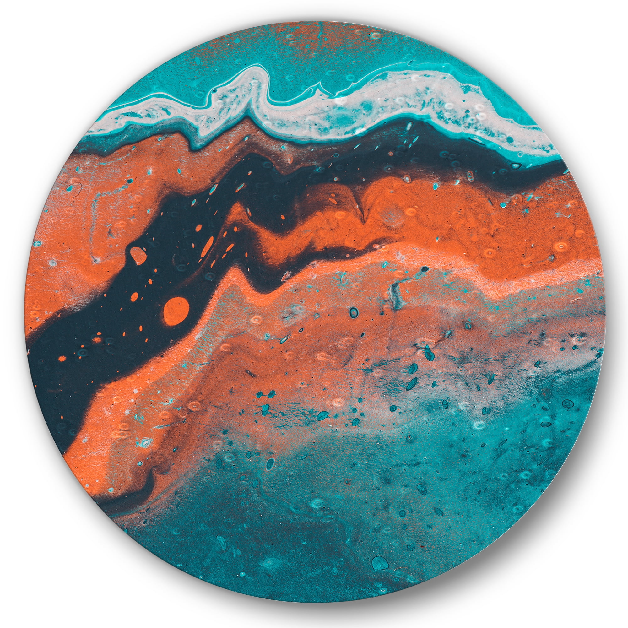 Designart 'Abstract Marble Composition In Orange and Blue VI' Modern Circle Metal Wall Art 11x11 - Disc of 11