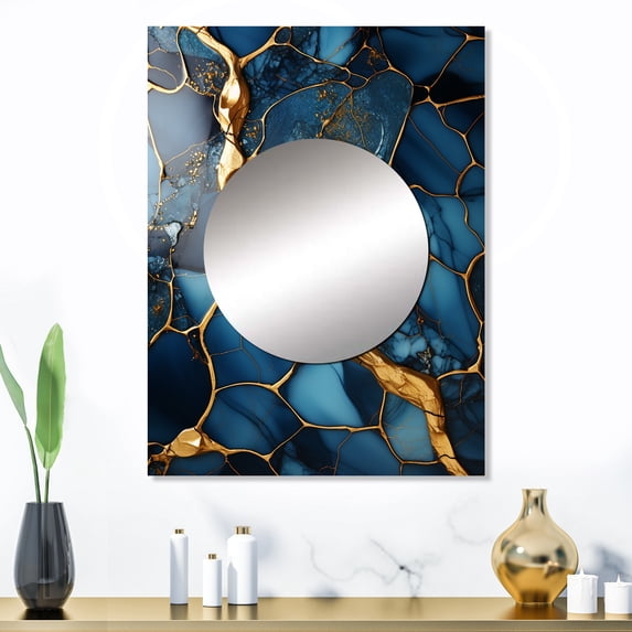 Designart "Abstract Marble Mosaic in Gold and Sapphire Blue IV" Marble Mirror Wall Decor - Modern Gold Abstract Mirror Wall Art For Bathroom - 32" x 24" Inch