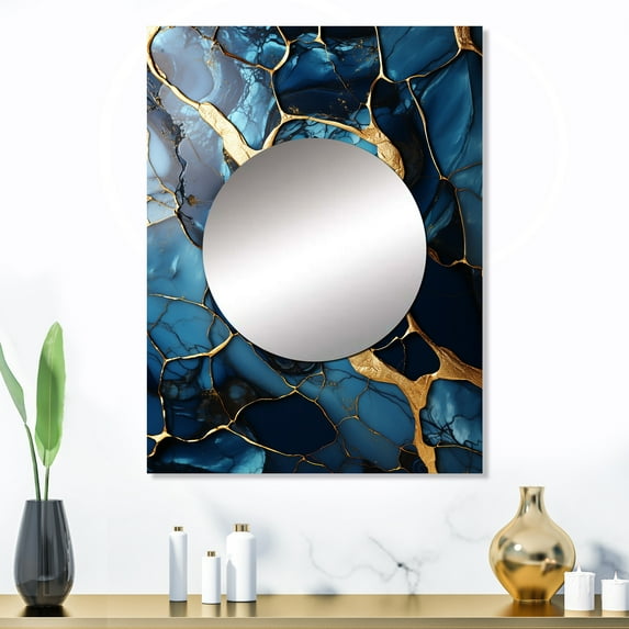 Designart "Abstract Marble Mosaic in Gold and Sapphire Blue V" Marble Mirror Wall Decor - Modern Gold Abstract Large Mirror Wall Decor For Bedroom - 32" x 24" Inch