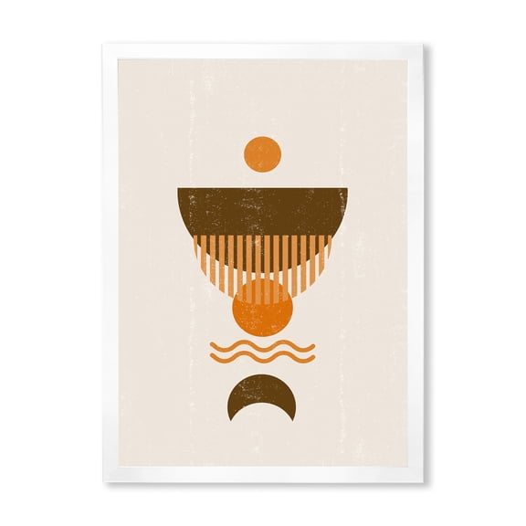 Designart 'Abstract Minimal Brown Moon and Orange Sun' Modern Framed Art Print