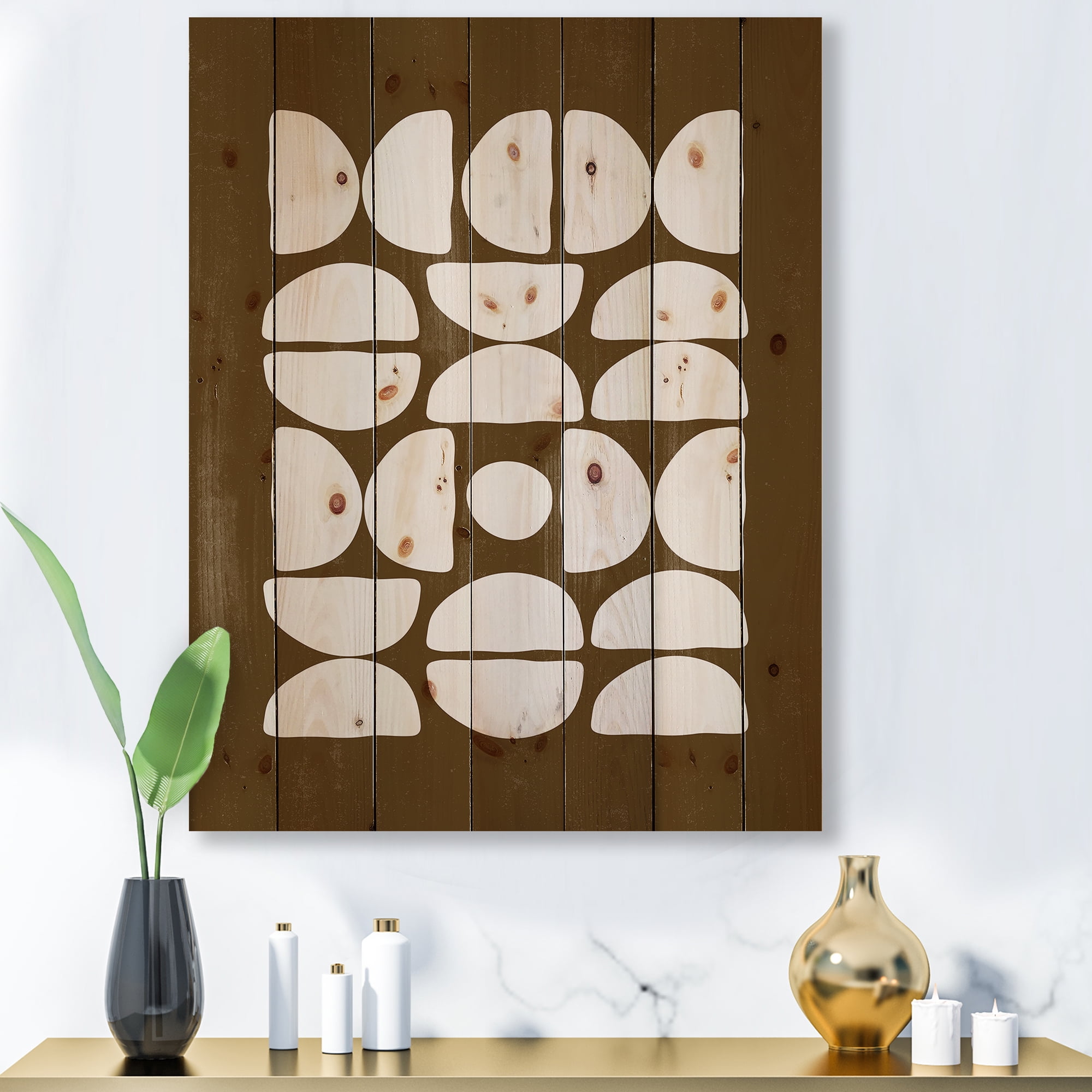 Designart 'Abstract Minimal Half Moons Composition' Modern Print on Natural Pine Wood