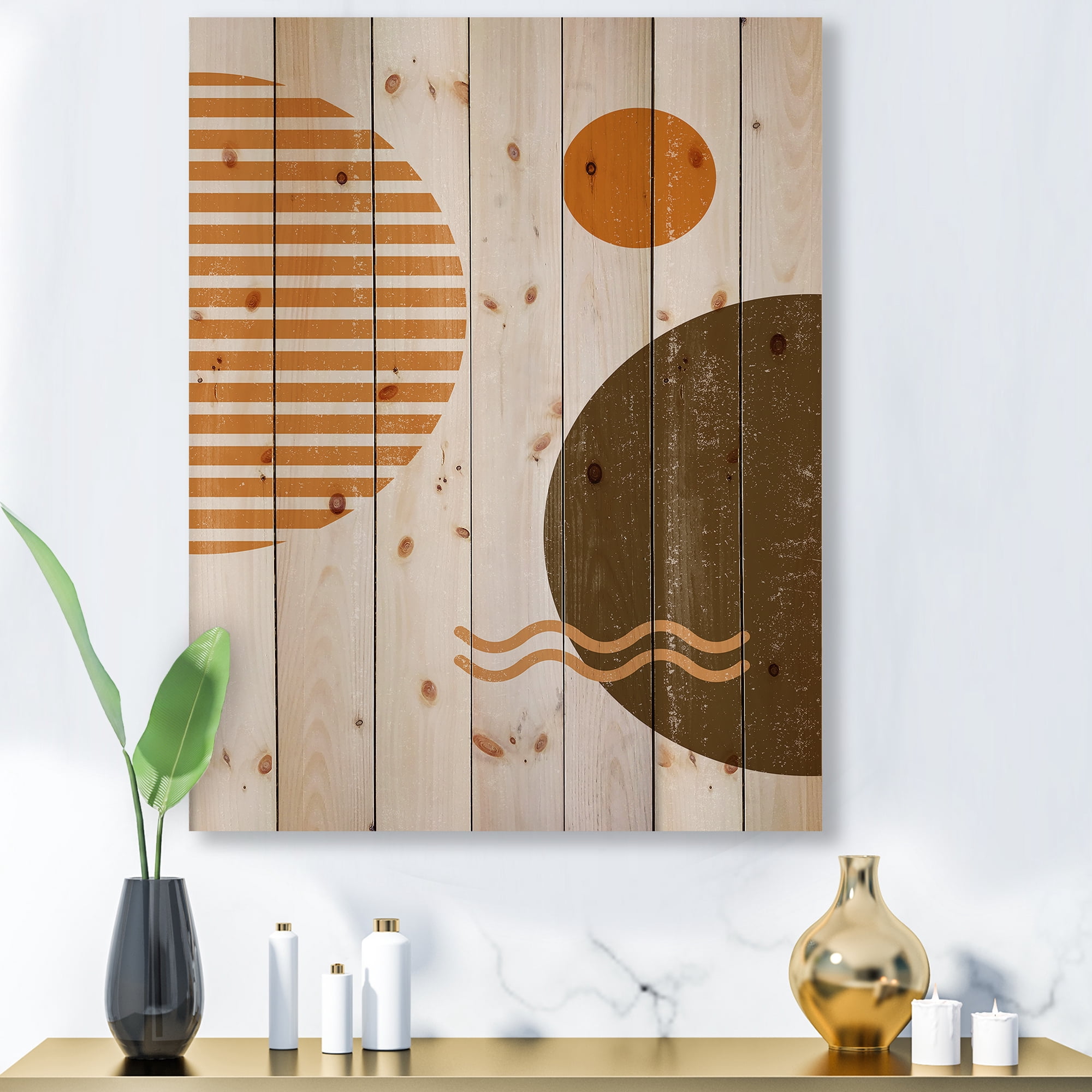 Designart 'Abstract Minimal Moon and Sun In Earth Tones III' Modern Print on Natural Pine Wood