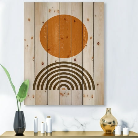 Designart 'Abstract Minimal Rainbow and Orange Sun I' Modern Print on Natural Pine Wood