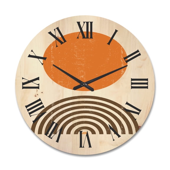 Designart 'Abstract Minimal Rainbow and Orange Sun I' Modern Wood Wall Clock