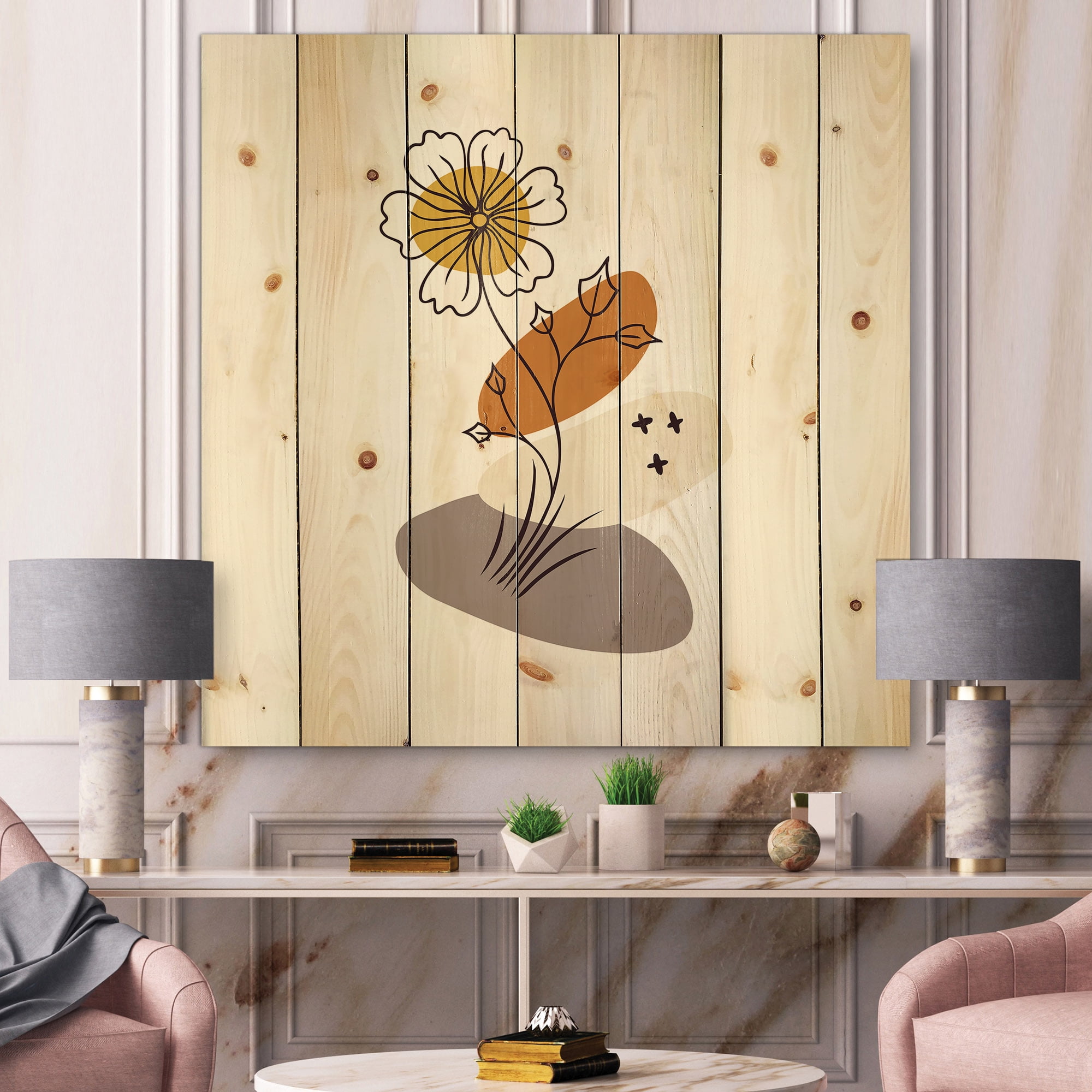 Designart 'Abstract Minimal Shapes Under Flowers I' Modern Print on Natural Pine Wood