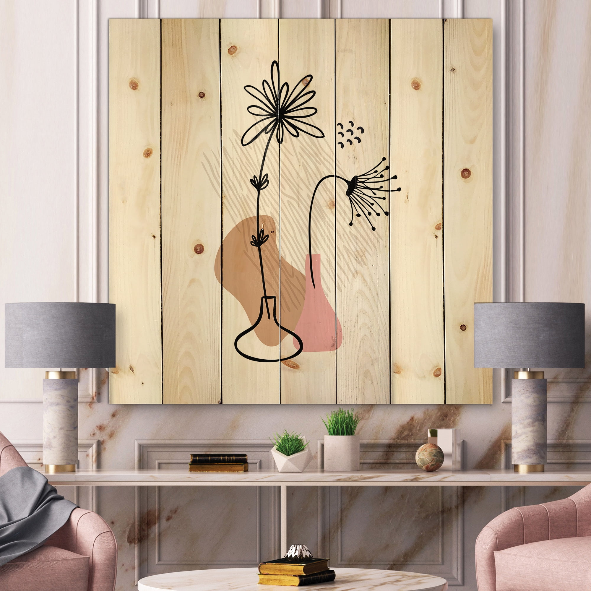 Designart 'Abstract Minimal Shapes Under Flowers III' Modern Print on Natural Pine Wood