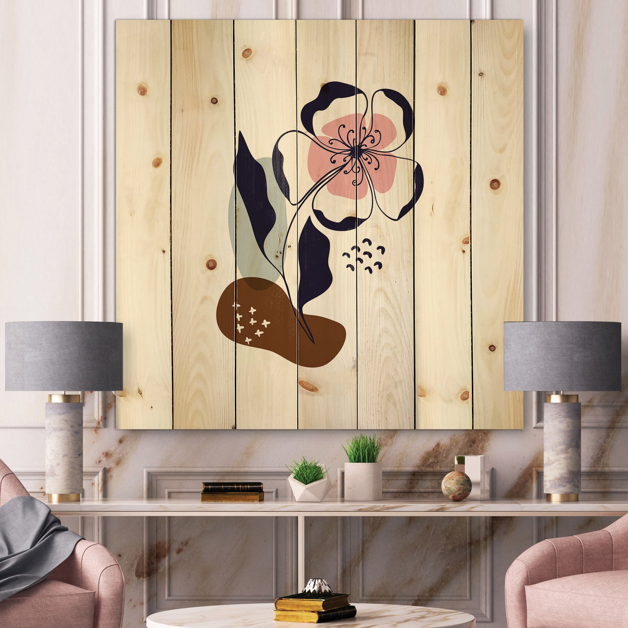 Designart 'Abstract Minimal Shapes Under Flowers IV' Modern Print on Natural Pine Wood