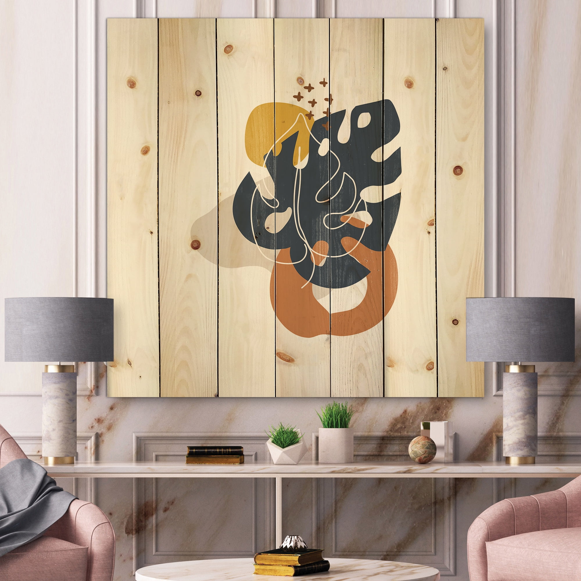 Designart 'Abstract Minimal Shapes Under Flowers IX' Modern Print on Natural Pine Wood