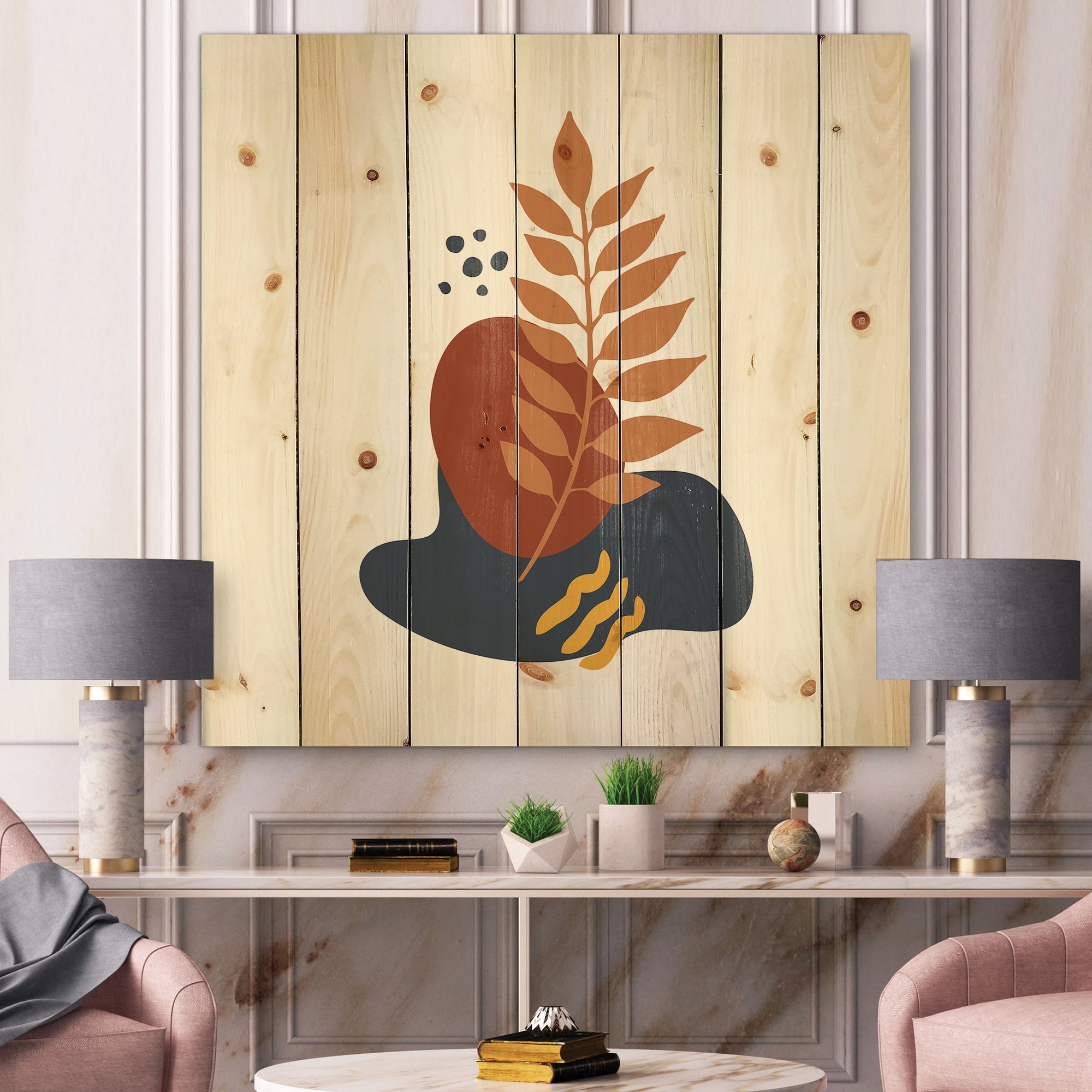 Designart 'Abstract Minimal Shapes Under Flowers VIII' Modern Print on Natural Pine Wood