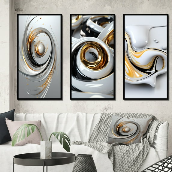 Designart "Abstract Minimalism in Black, Yellow, and White II" Abstract Shapes Framed Wall Art Set Of 3 - Gold Transitional Frame Gallery Wall Set For Home Decor