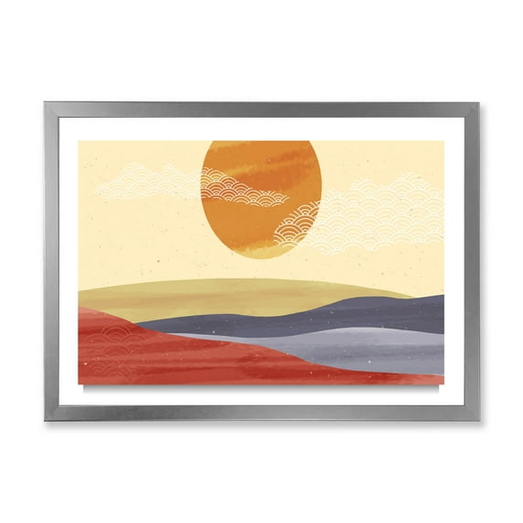 Designart 'Abstract Minimalistis Landscape Mountain & Moon' Modern Framed Art Print