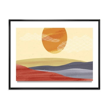Designart 'Abstract Minimalistis Landscape Mountain & Moon' Modern Framed Canvas Wall Art Print