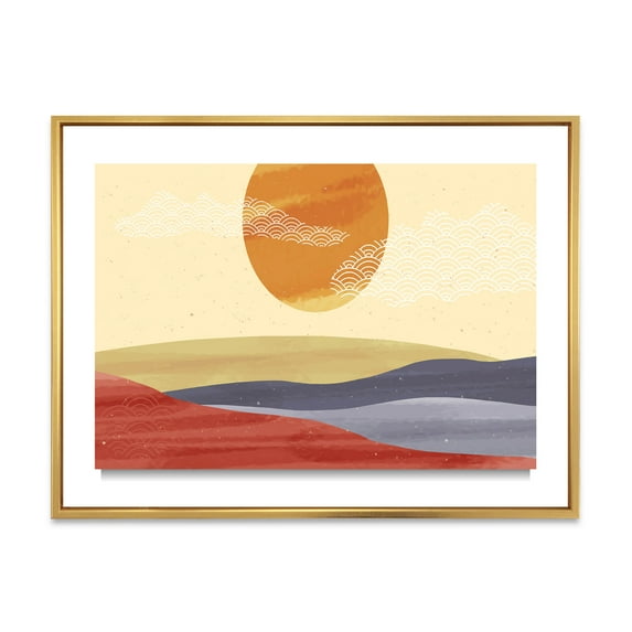 Designart 'Abstract Minimalistis Landscape Mountain & Moon' Modern Framed Canvas Wall Art Print