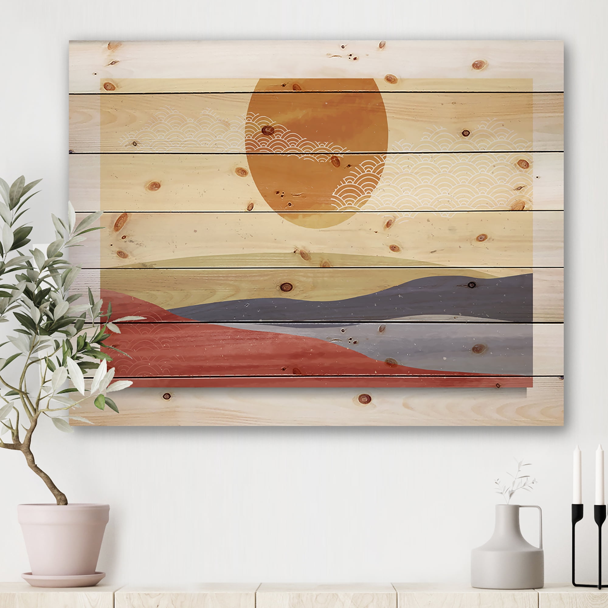 Designart 'Abstract Minimalistis Landscape Mountain & Moon' Modern Print on Natural Pine Wood