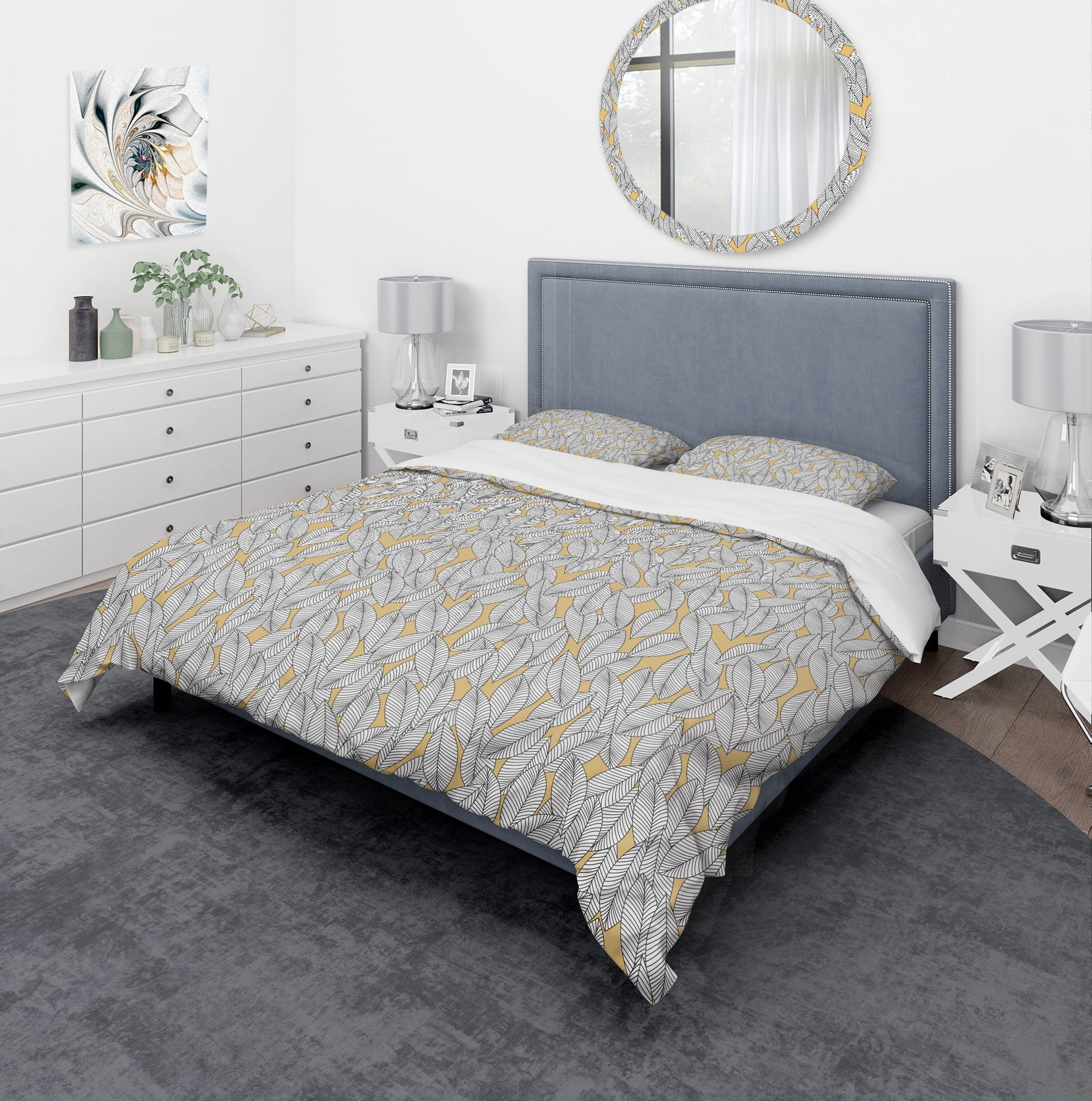 Designart 'Abstract Monochromic Pattern with Contour Leaves' Modern & Contemporary Duvet Cover Set