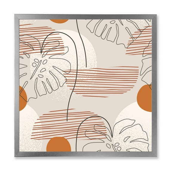 Designart 'Abstract Monstera Leaf and One Line Art Shapes' Modern Framed Art Print