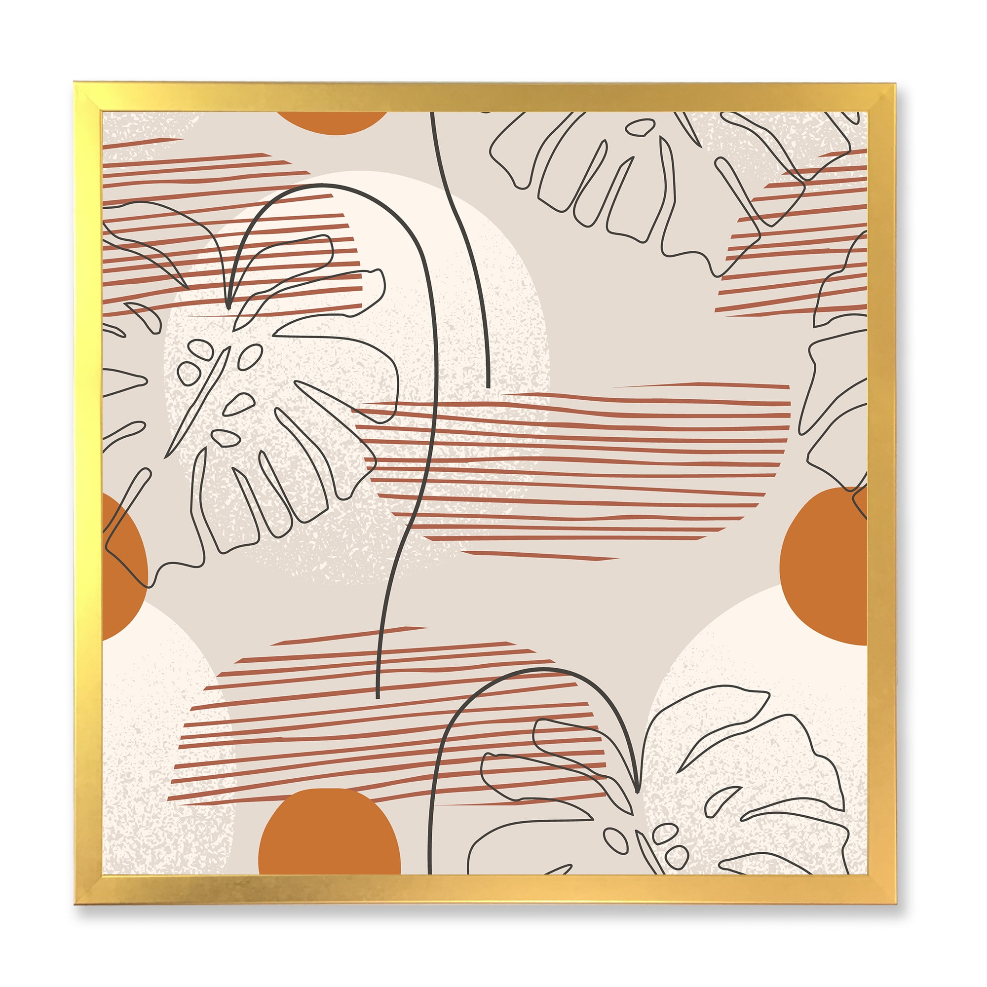 Designart 'Abstract Monstera Leaf and One Line Art Shapes' Modern Framed Art Print