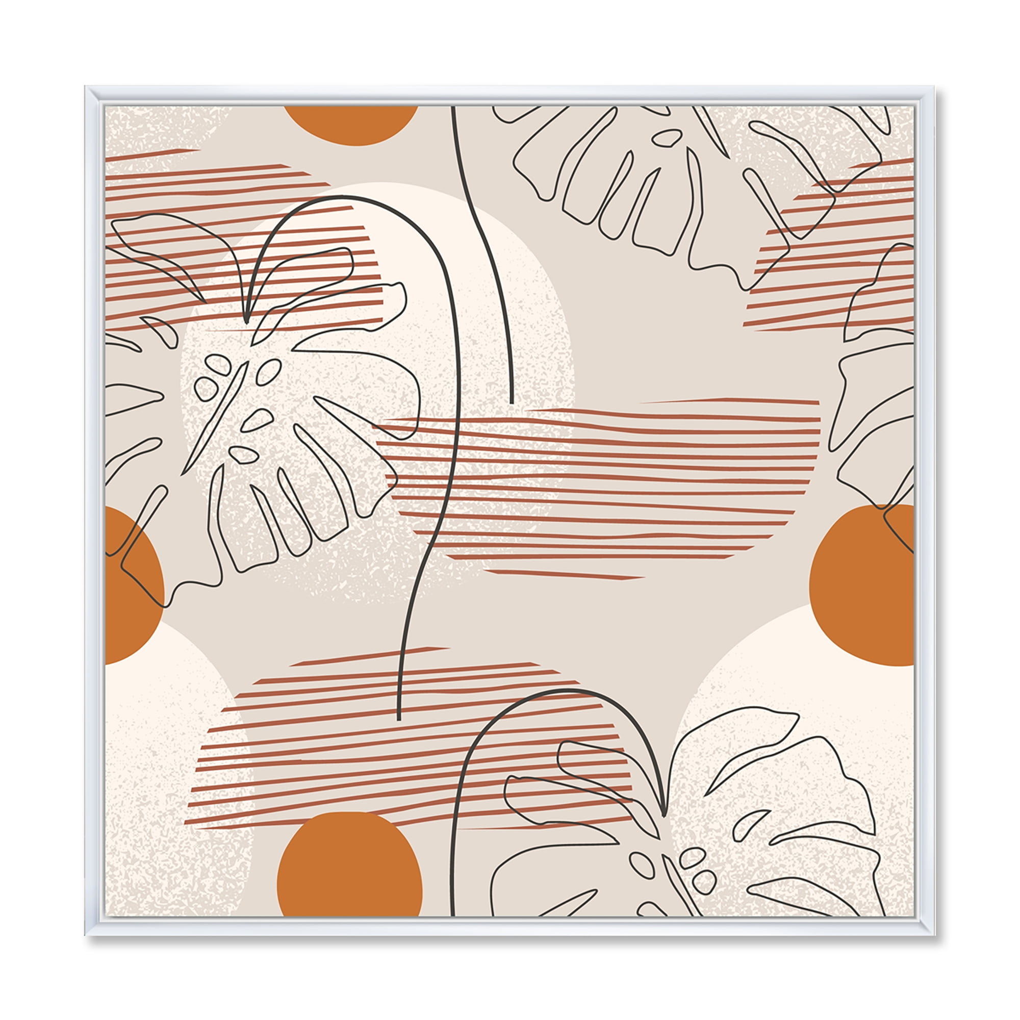 Designart 'Abstract Monstera Leaf and One Line Art Shapes' Modern Framed Canvas Wall Art Print