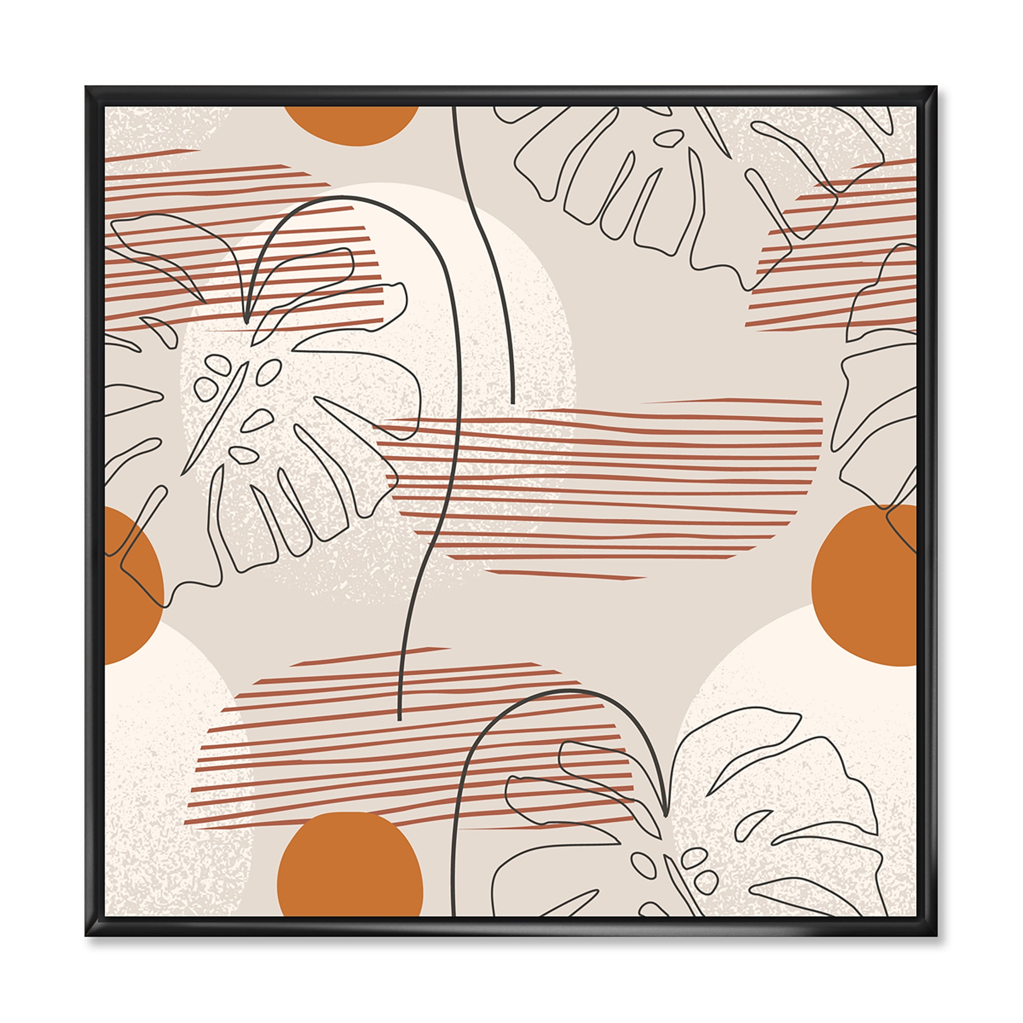 Designart 'Abstract Monstera Leaf and One Line Art Shapes' Modern Framed Canvas Wall Art Print