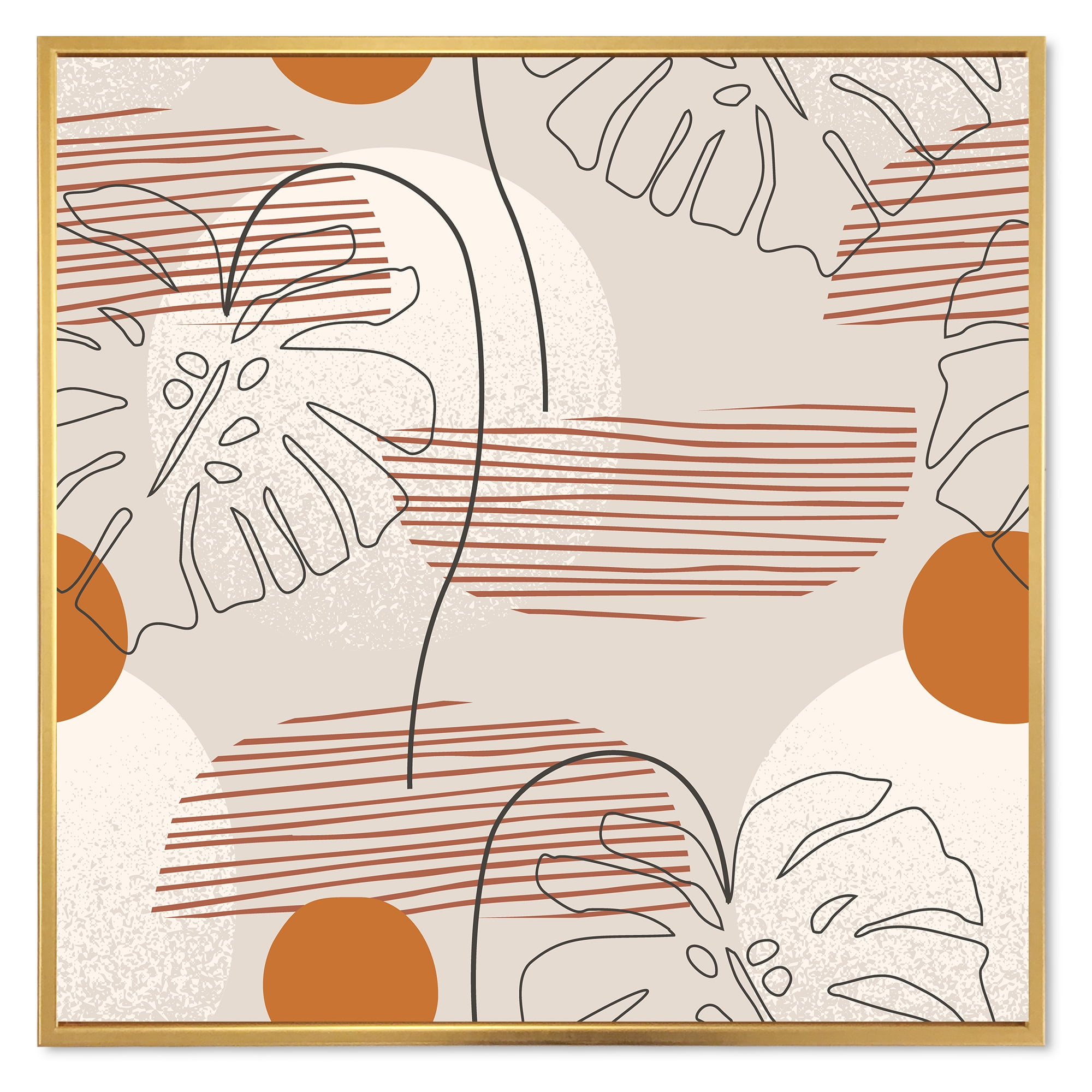 Designart 'Abstract Monstera Leaf and One Line Art Shapes' Modern Framed Canvas Wall Art Print