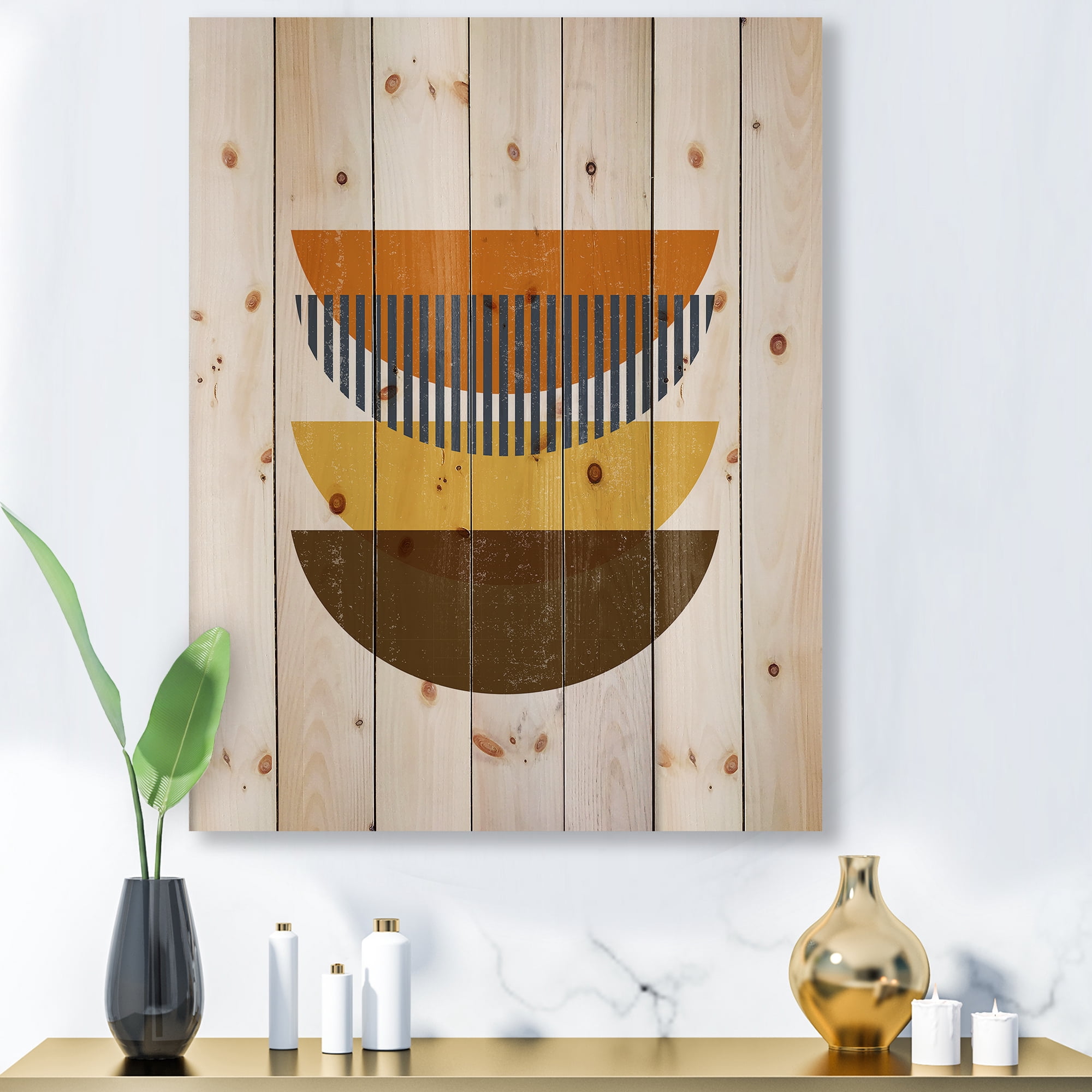 Designart 'Abstract Moon Geometric In Earth Tones' Modern Print on Natural Pine Wood