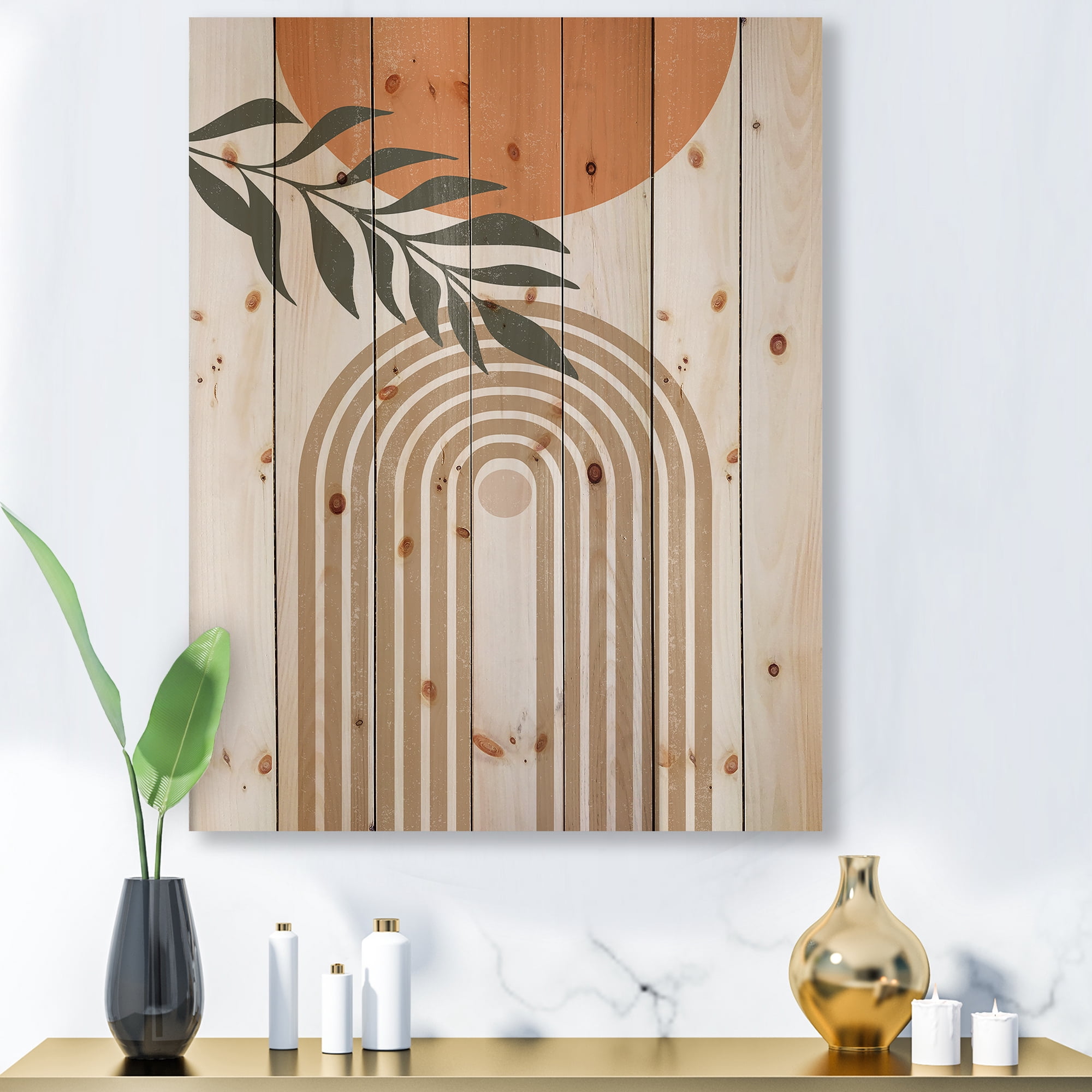 Designart 'Abstract Moon Sun Leaves I' Modern Print on Natural Pine Wood