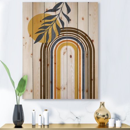 Designart 'Abstract Moon Sun Leaves II' Modern Print on Natural Pine Wood