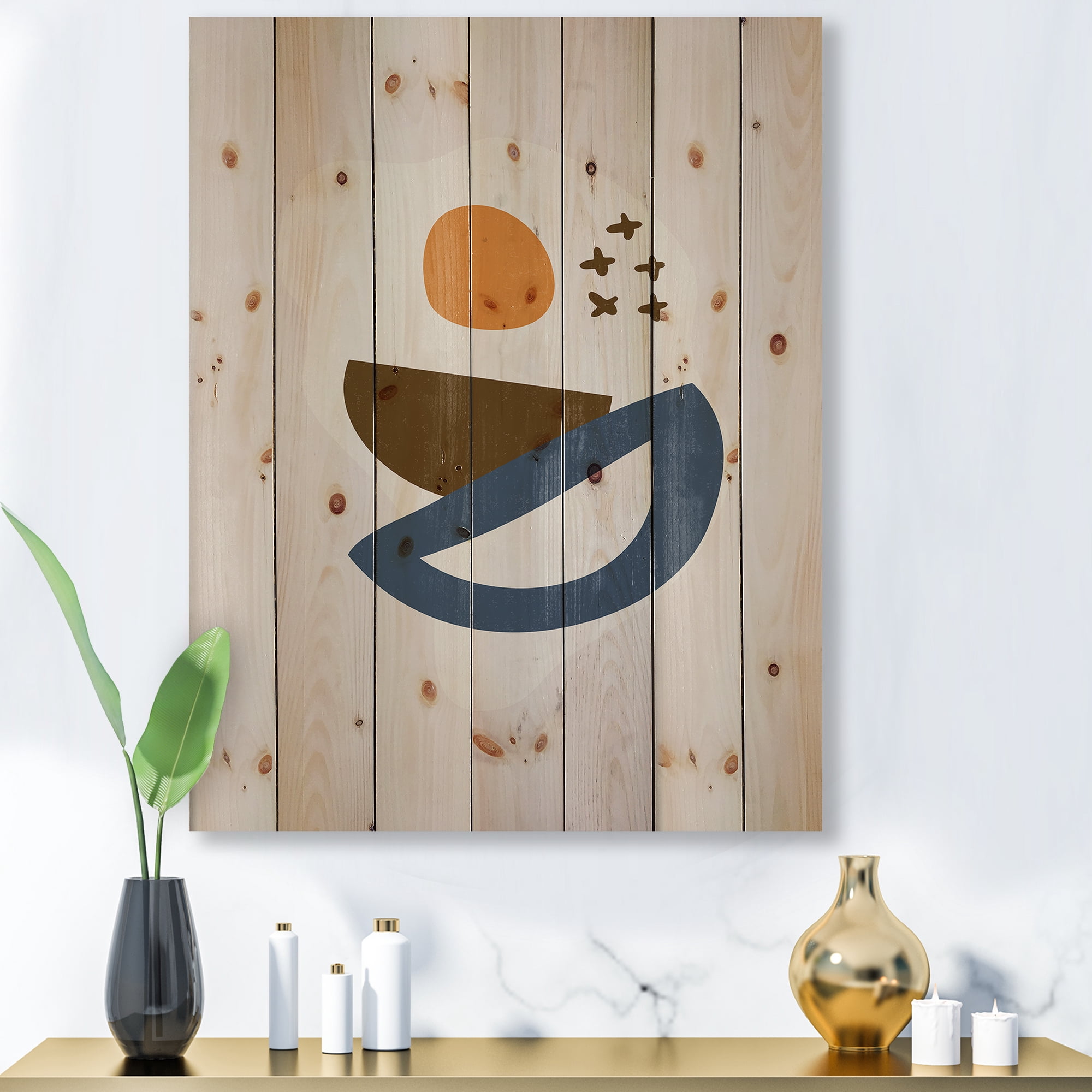 Designart 'Abstract Moon and Sun Geometric Print I' Modern Print on Natural Pine Wood