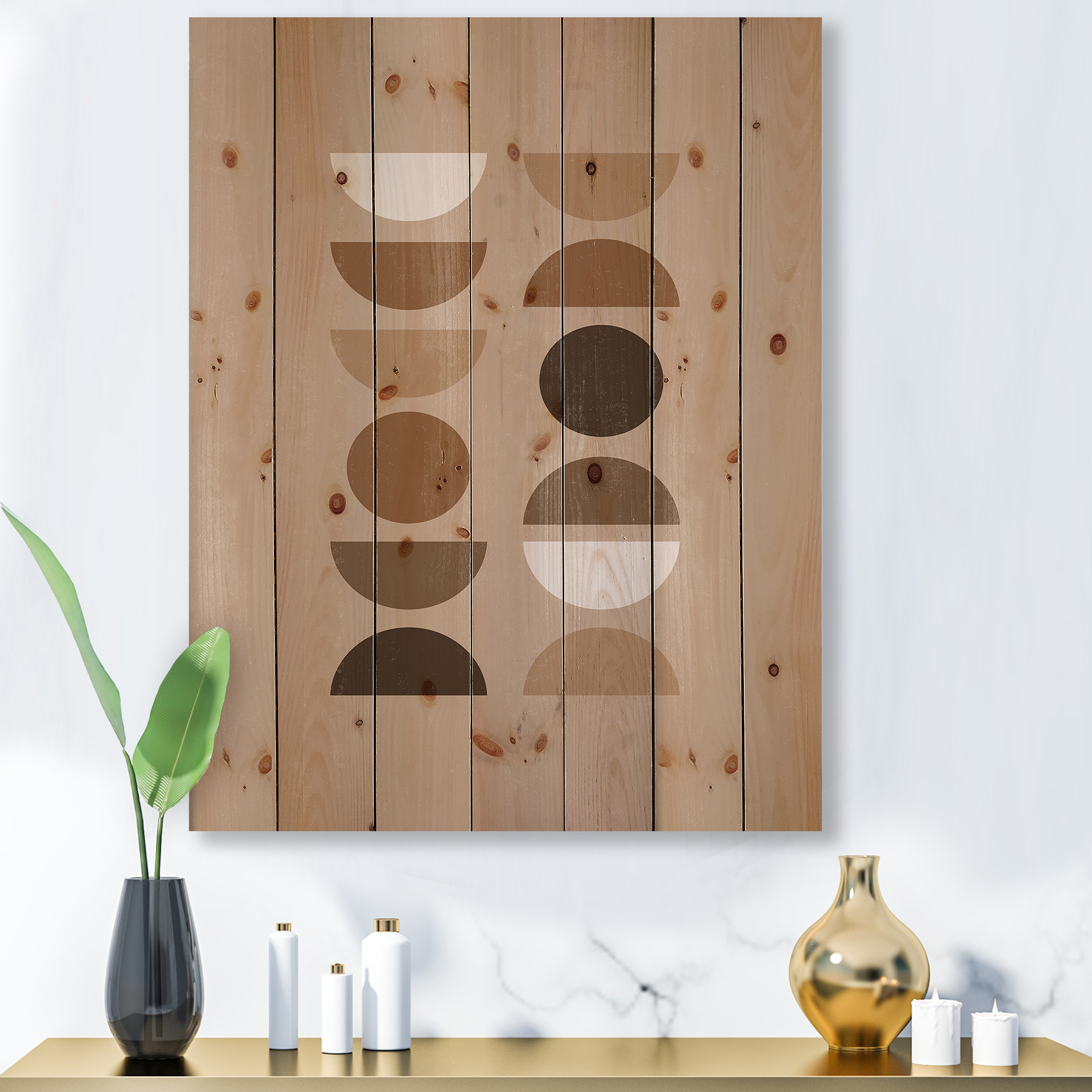 Designart 'Abstract Moon and Sun Geometric Print II' Modern Print on Natural Pine Wood