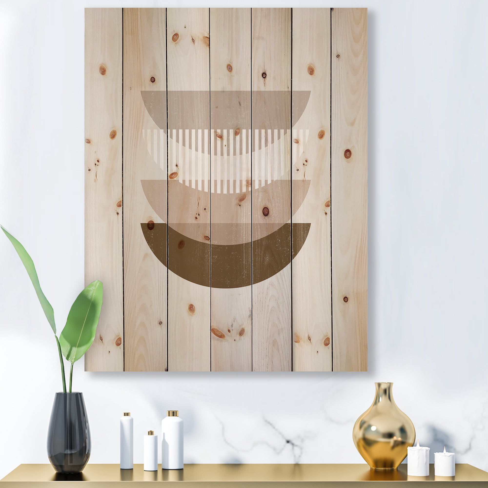 Designart 'Abstract Moon and Sun Geometric Print III' Modern Print on Natural Pine Wood