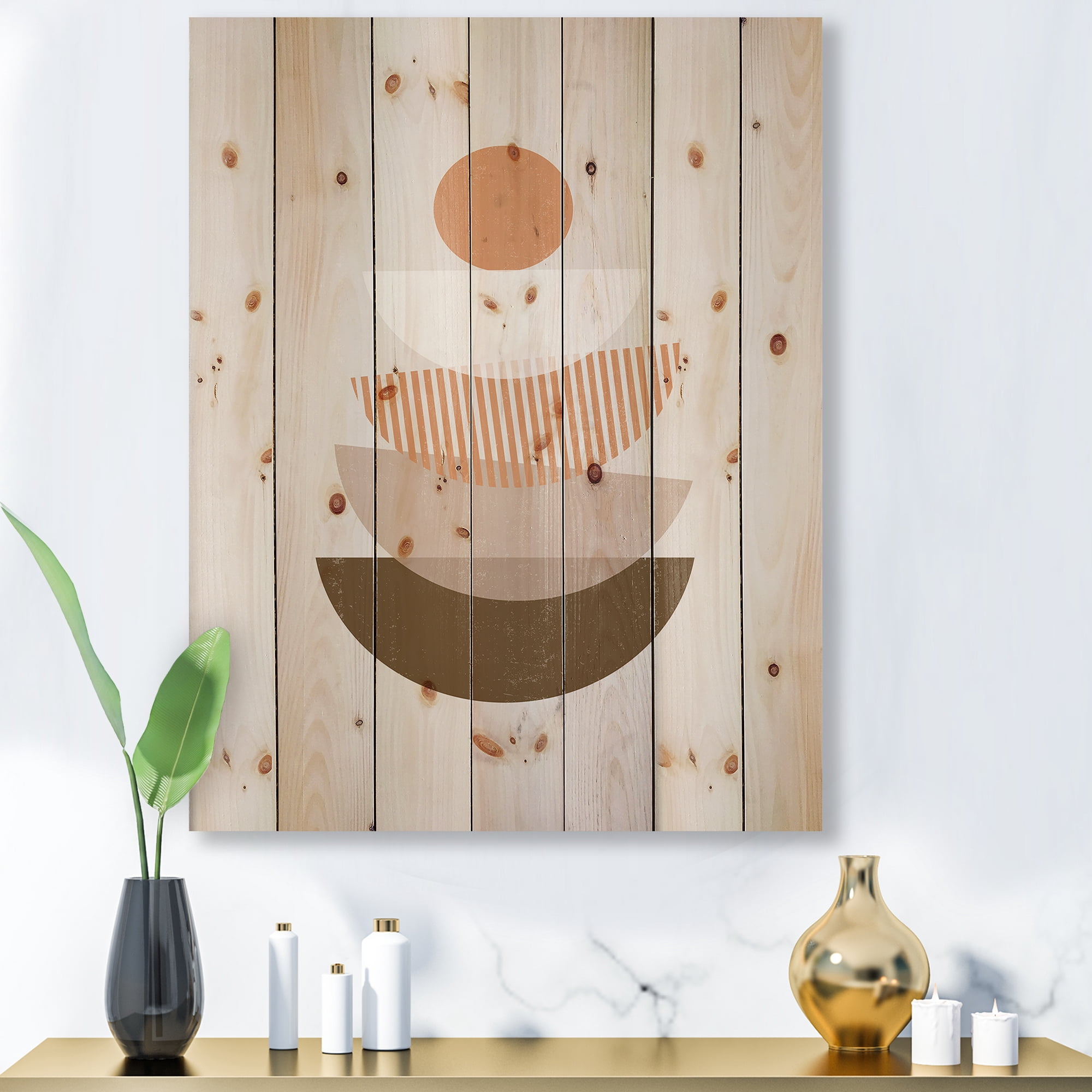 Designart 'Abstract Moon and Sun Geometrics In Terracotta I' Modern Print on Natural Pine Wood