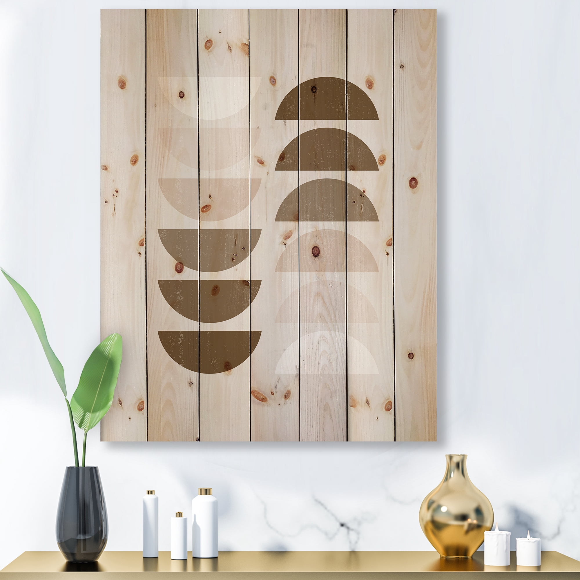 Designart 'Abstract Moon and Sun Geometrics In Terracotta II' Modern Print on Natural Pine Wood