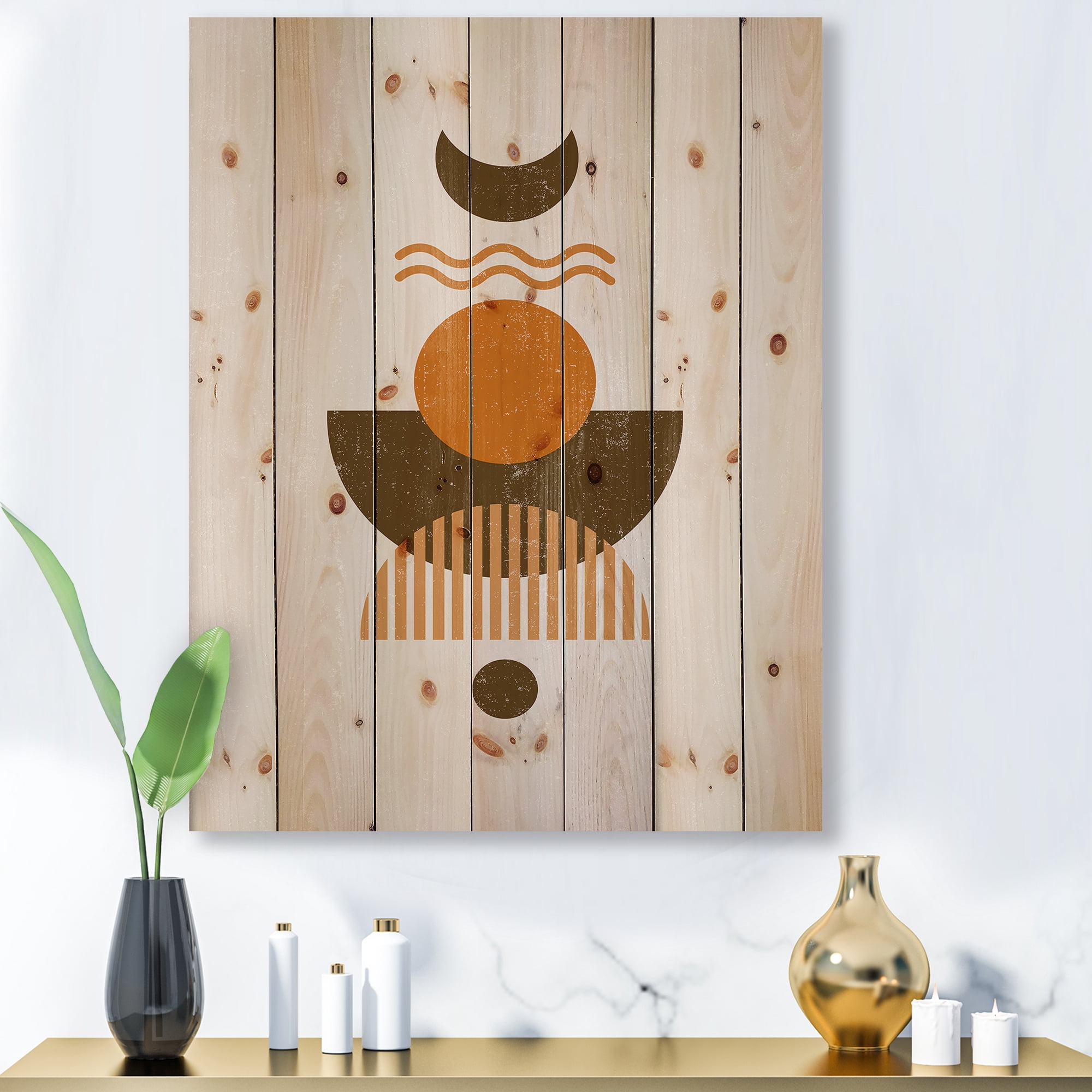Designart 'Abstract Moon and Sun In Earth Tones' Modern Print on Natural Pine Wood
