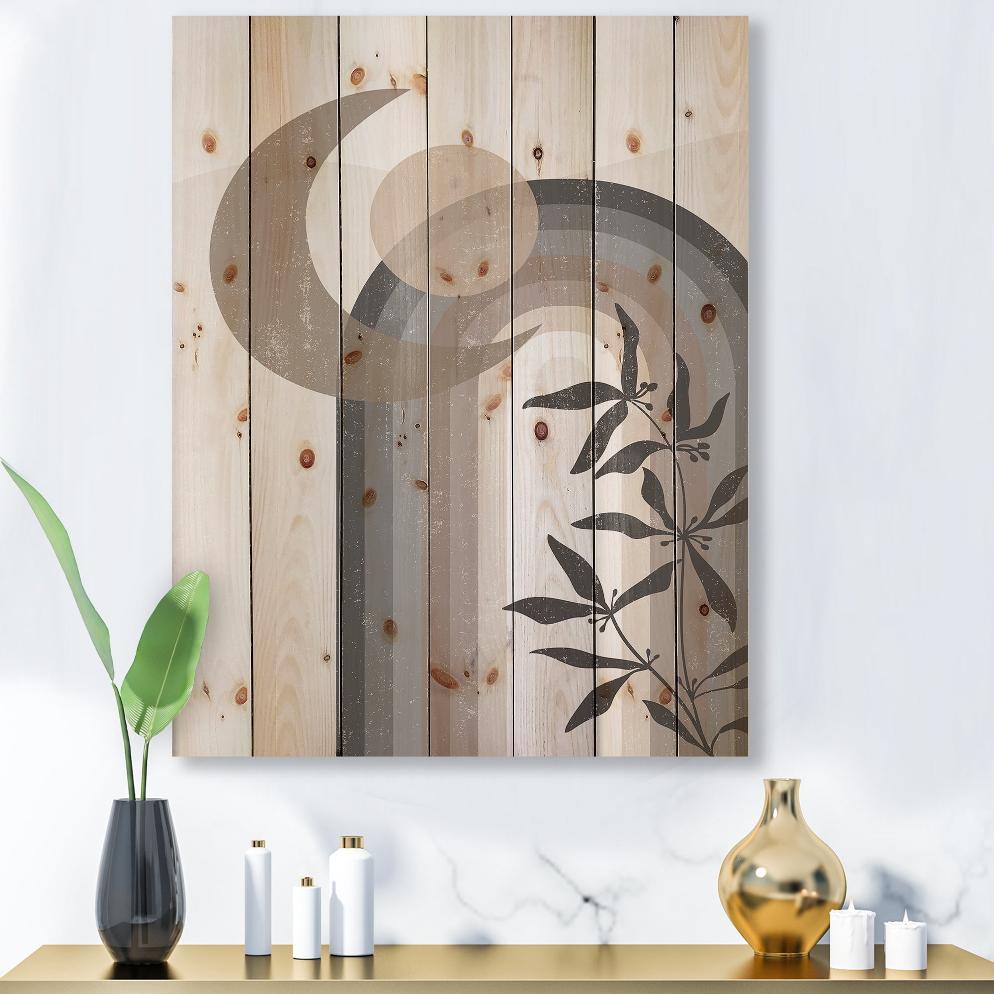 Designart 'Abstract Moon and Sun In Gray and Blue' Modern Print on Natural Pine Wood
