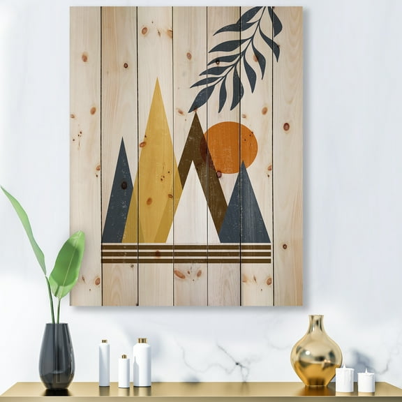 Designart 'Abstract Moon and Sun In Mountains I' Modern Print on Natural Pine Wood