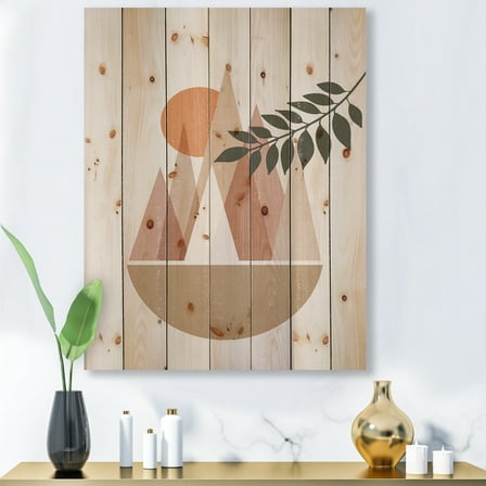 Designart 'Abstract Moon and Sun In Mountains II' Modern Print on Natural Pine Wood