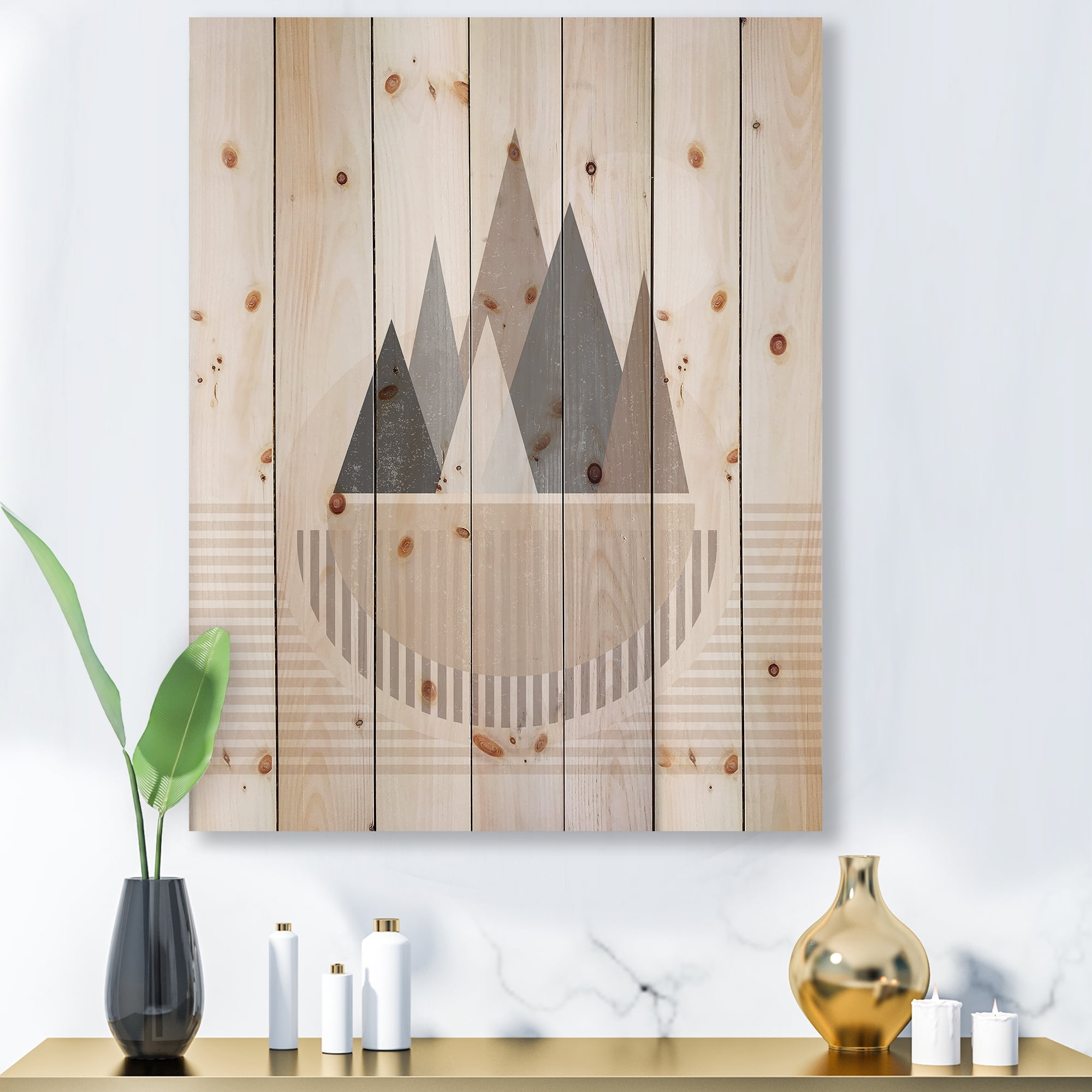 Designart 'Abstract Moon and Sun In Mountains III' Modern Print on Natural Pine Wood