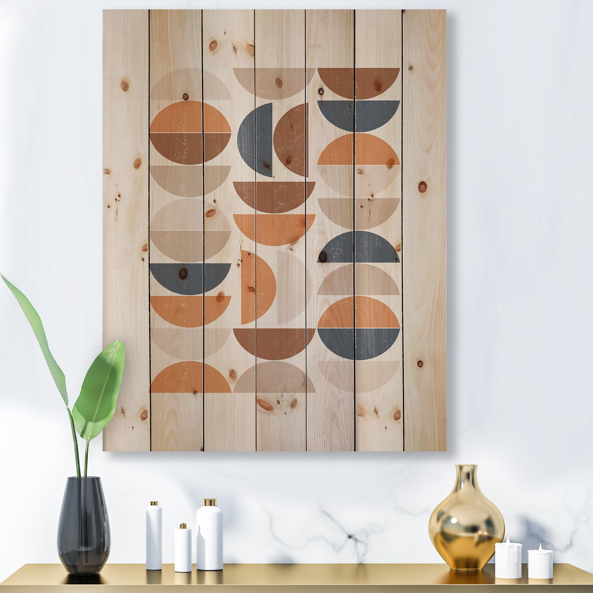Designart 'Abstract Moon and Sun In Orange and Blue' Modern Print on Natural Pine Wood