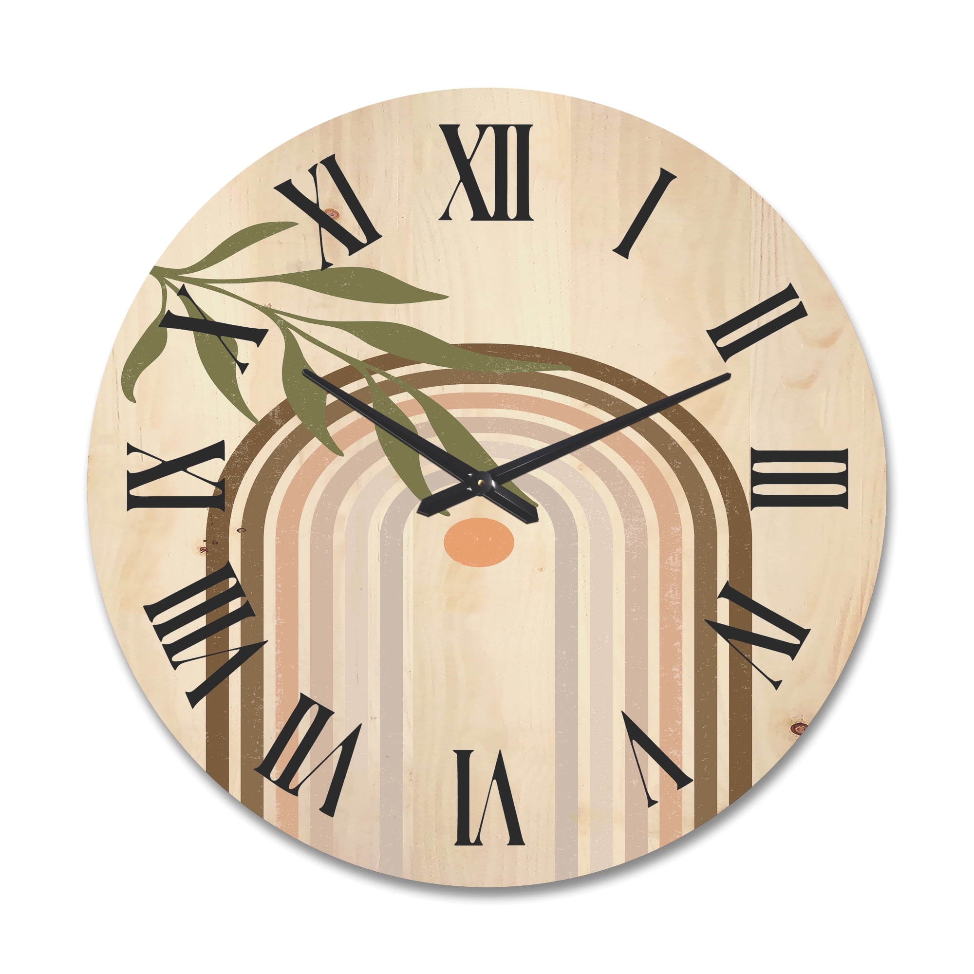 Designart 'Abstract Moon and Sun With Green Leaf I' Modern Wood Wall Clock