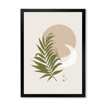 Designart 'Abstract Moon and Sun With Green Leaf II' Modern Framed Art Print