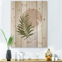 Designart 'Abstract Moon and Sun With Green Leaf II' Modern Print on Natural Pine Wood