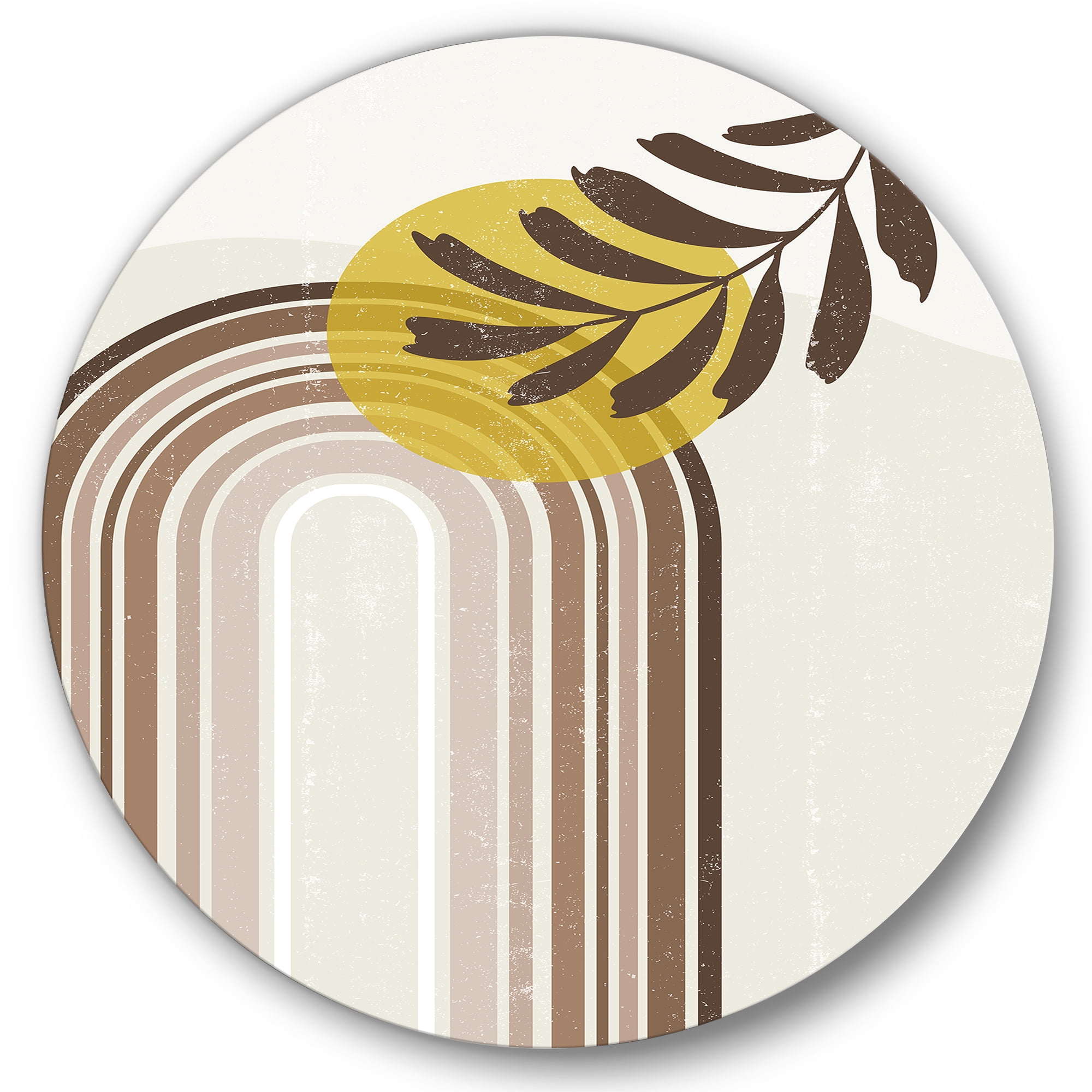 Designart 'Abstract Moon and Sun With Leaf In Earth Tones' Modern Circle Metal Wall Art 23x23 - Disc of 23