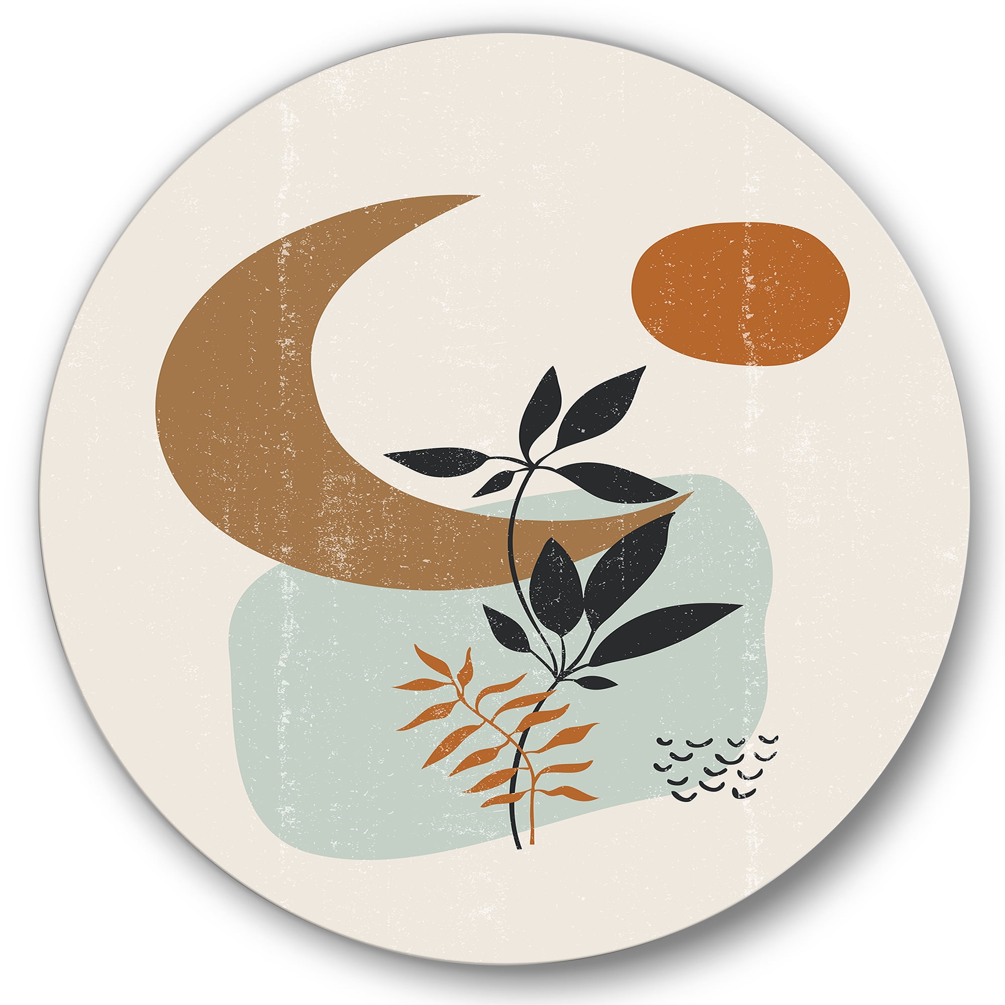 Designart 'Abstract Moon and Sun With Minimal Plants' Modern Circle Metal Wall Art 29x29 - Disc of 29