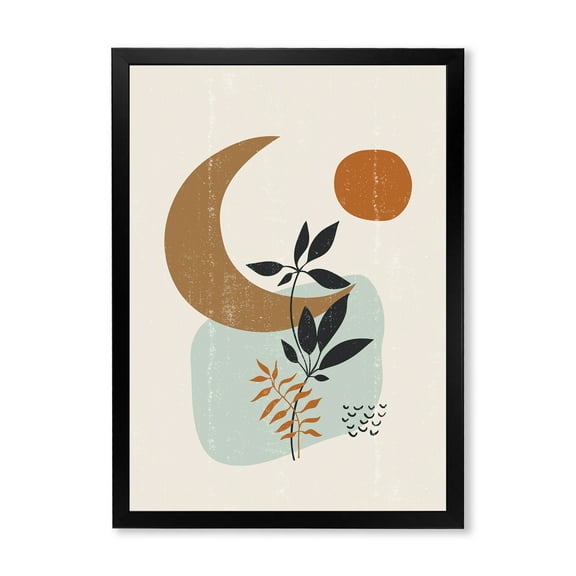 Designart 'Abstract Moon and Sun With Minimal Plants' Modern Framed Art Print