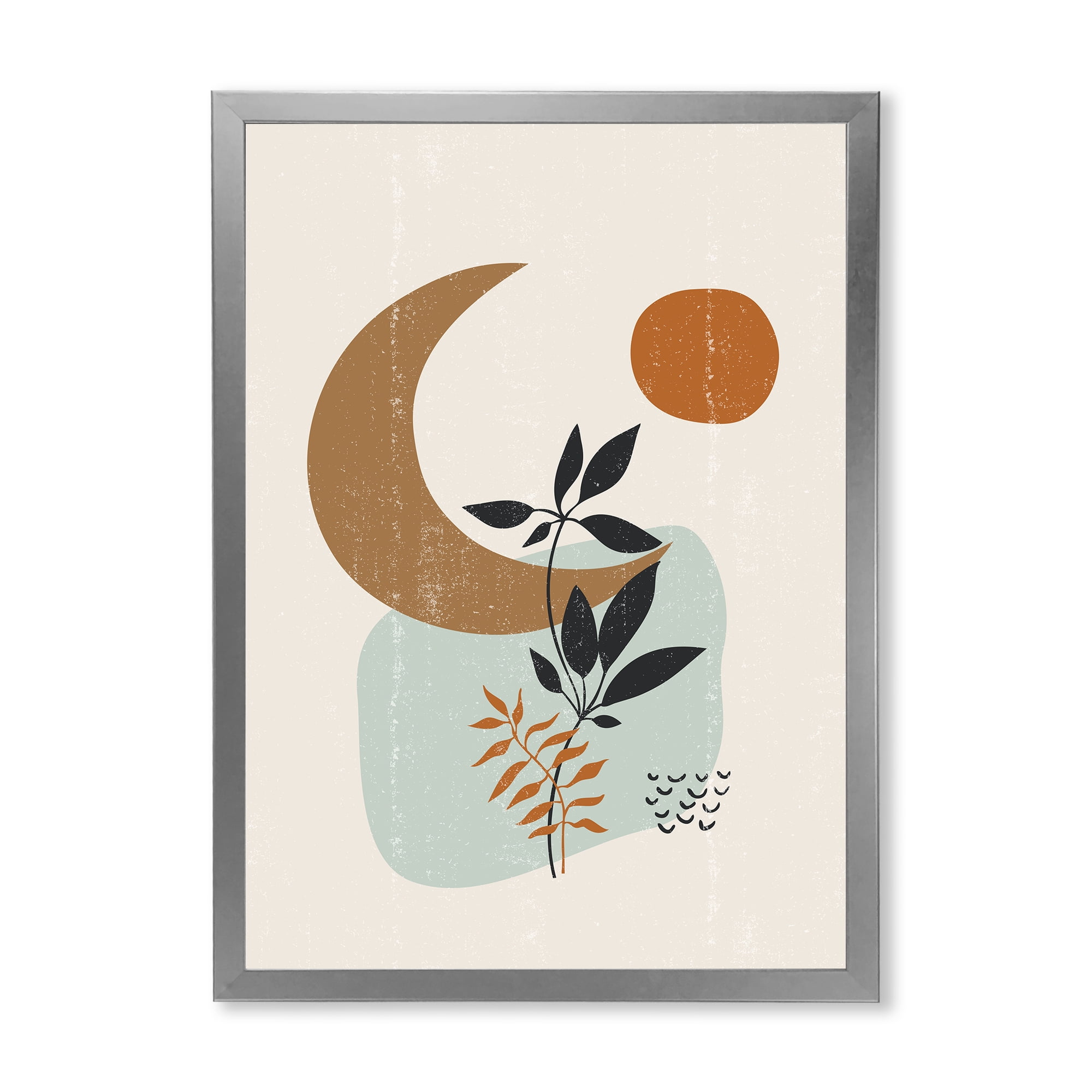 Designart 'Abstract Moon and Sun With Minimal Plants' Modern Framed Art Print