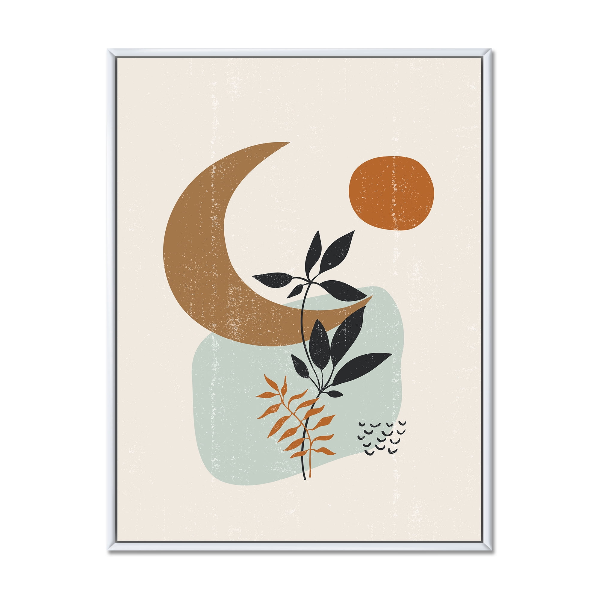 Designart 'Abstract Moon and Sun With Minimal Plants' Modern Framed Canvas Wall Art Print